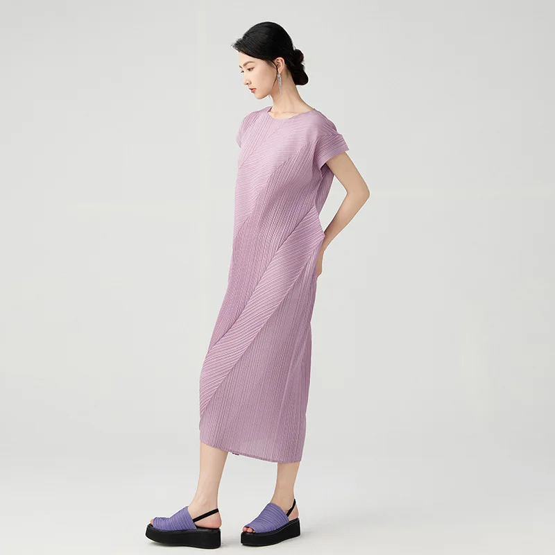 Miyake Style Pleated Dress Women 2024 Summer New Irregular Casual Style Solid Color O-neck Short-sleeved Folded Mid-length Skirt