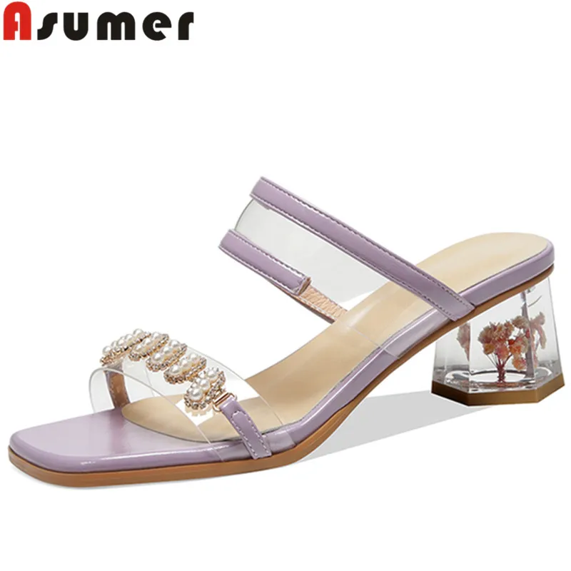 ASUMER 2022 rozmiar 34-42 nowe lita skóra naturalna damskie sandały UniqueThick wysokie sandały na obcasie Slip On Ladies Summer Dress Shoes