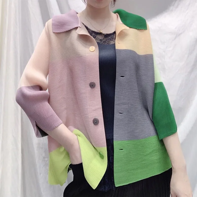 

Women's Pleated 2026 Spring Summer New Color Block Patchwork Button Down Blouse Plus Size Fashion Loose Shirt Cardigan Top