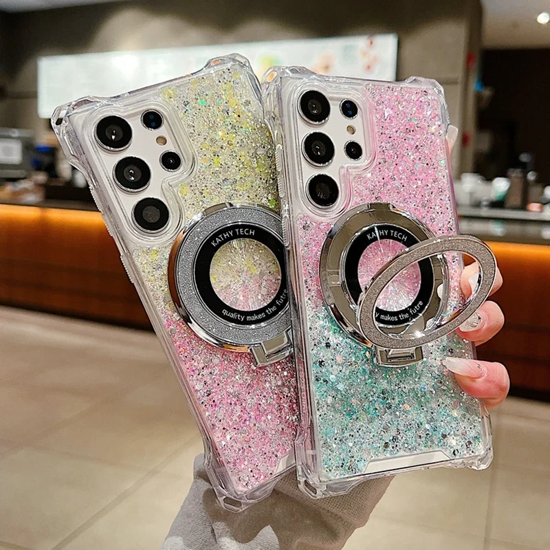 

Glitter Gradient Ring Holder Magsafe Case for Samsung Galaxy S24 Ultra S23 Plus S22 A55 A54 A34 A15 Bling Bracket Armor Cover