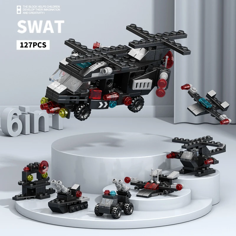 6 IN 1 City Engineering Car Police Truck Mech Dinosaur Building Blocks Tank Helicopter Bricks Fire Fighting Set Model Toy Gift