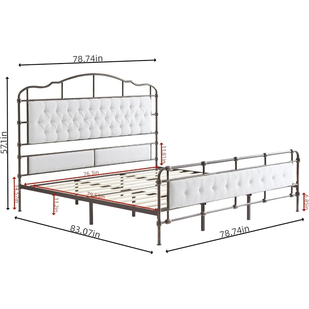 King Size Metal Bed Frame with Velvet Upholstery, Solid Wood Slats, 1500 Pounds Weight Capacity, No Box Spring Needed Platform