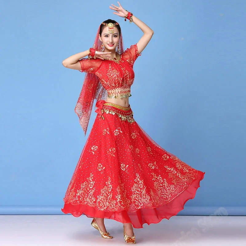 

New Dress Clothing Women's Set Indian Dance Belly Dance Performance Clothing Chiffon Top+Belt+Skirt