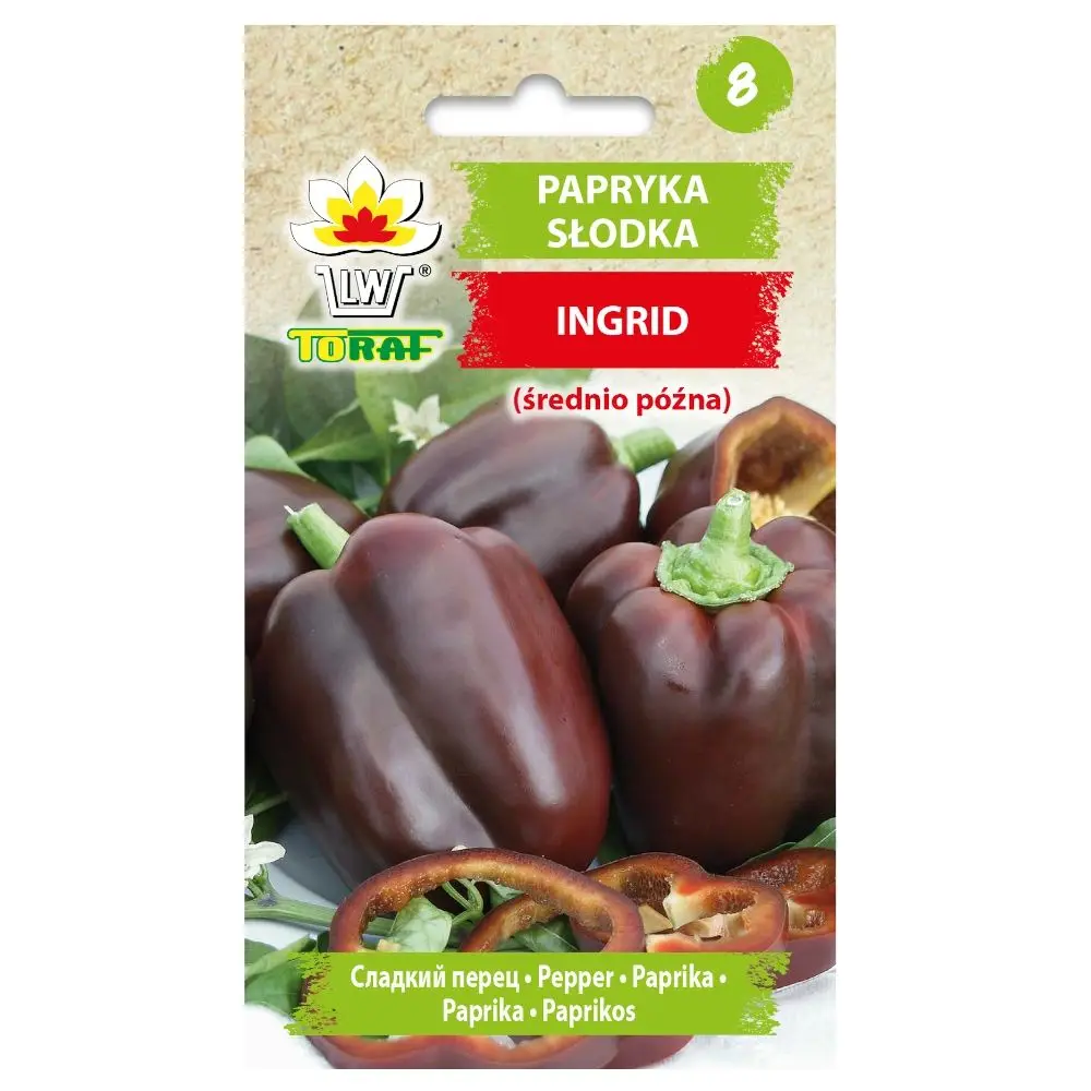 Süßpaprika Ingrid TORAF Samen für Gewächshaus und Tunnel, mittelspät, dunkelbraune Frucht, süße und knackige Sorte zum Anbau aus der Samenform.