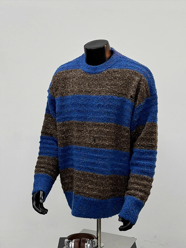 

Мужской теплый вязаный свитер оверсайз с круглым вырезом, в полоску, повседневный, зимний, модный, универсальный, из волокнистого материала, с длинными рукавами