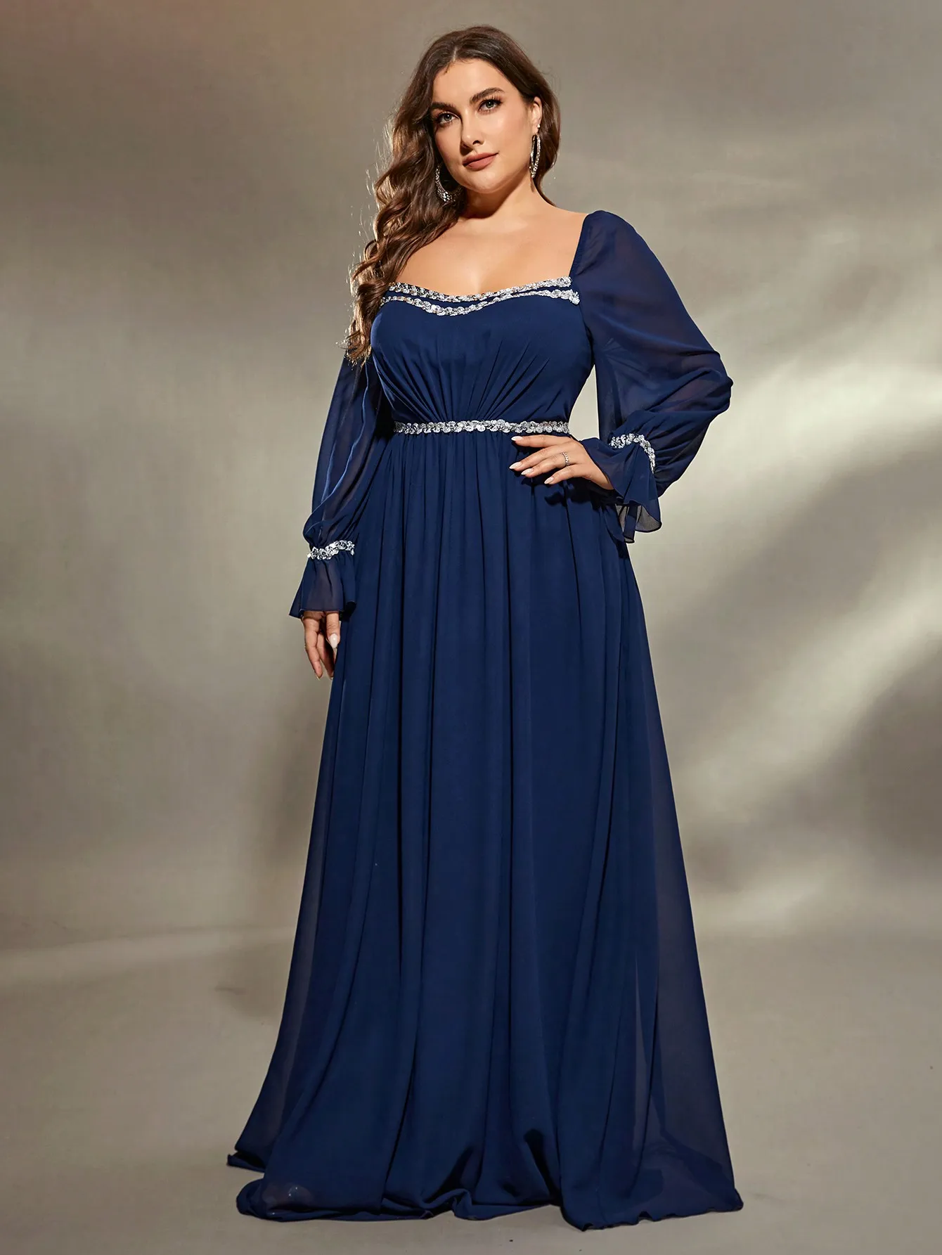 Mgiacy   plus size  Round neck sequin ribbon Trim Shoulders Bubble Long Sleeve waist pleat Chiffon A full Skirt Evening gown