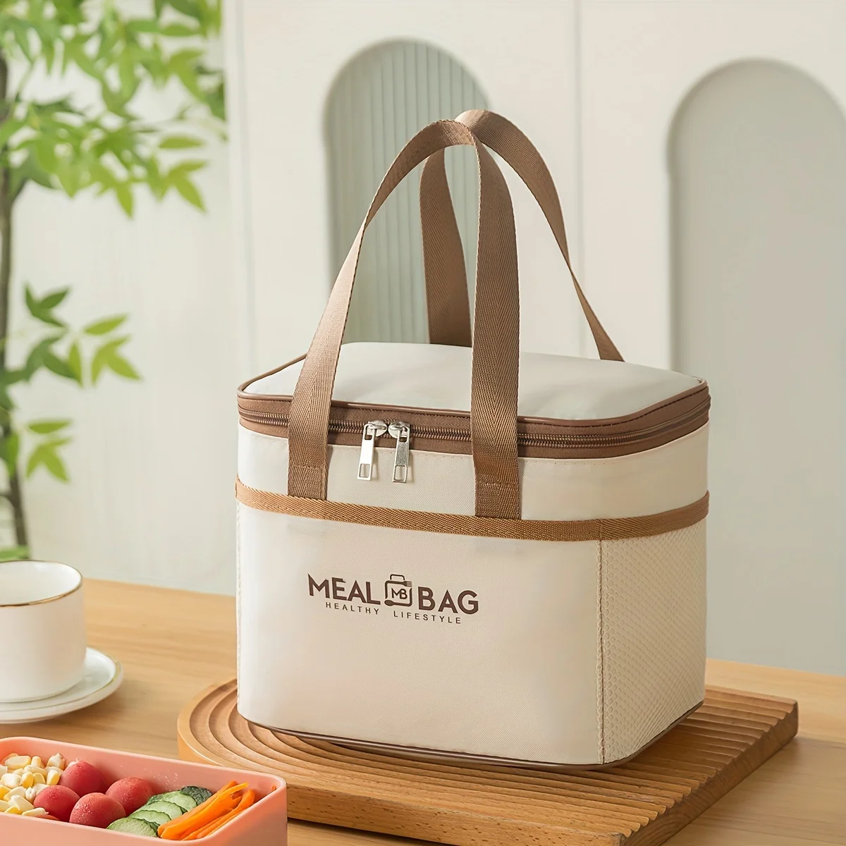 Foldable bento insulated bag, lunch storage bag, lunch bag, white Oxford square hand-held insulated bag, large capacity