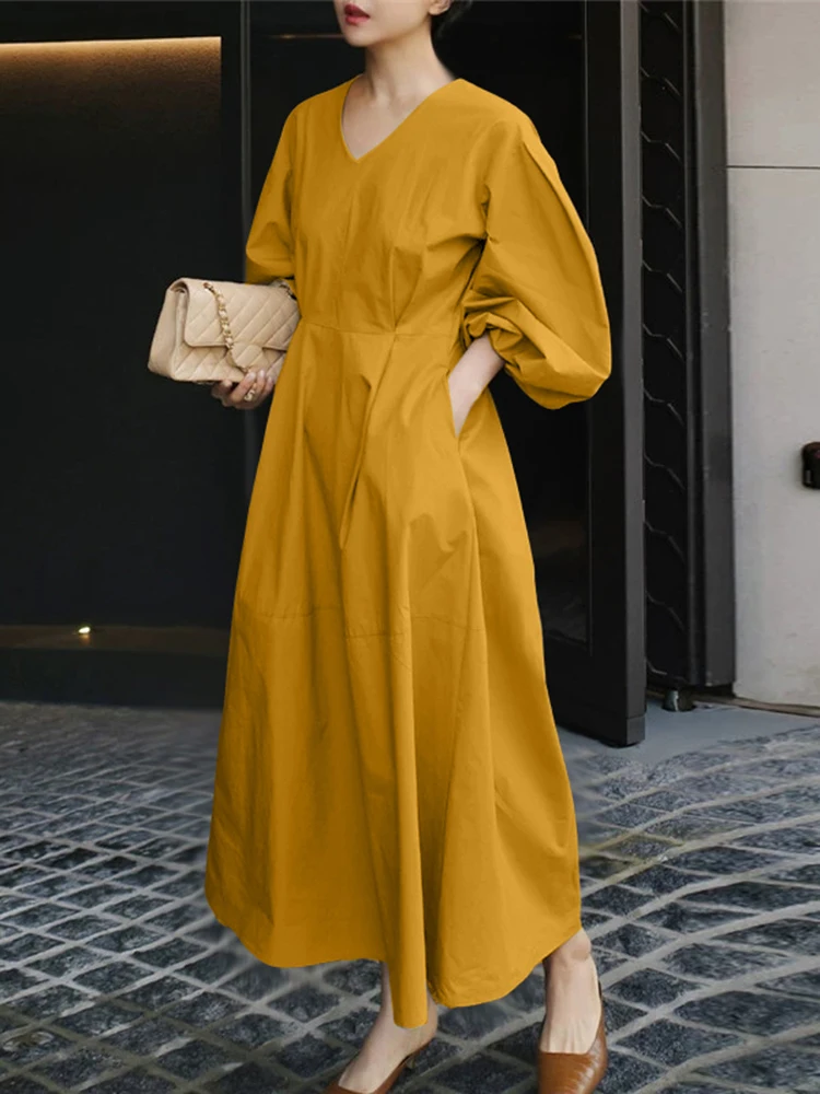 ZANZEA Donne Allentato Maxi Abiti 2025 Autunno Casual Con Scollo A V Lanterna Maniche Elastico A Vita Alta Robes Femme Moda Solido Abiti