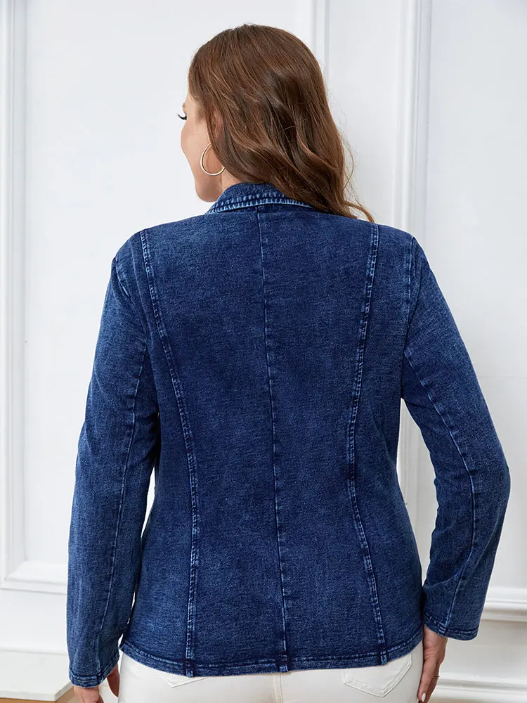 Women's plus Size Casual Denim Jacket Loose Fit Classic Button-Up Long Sleeve Blue Jeans Jacket