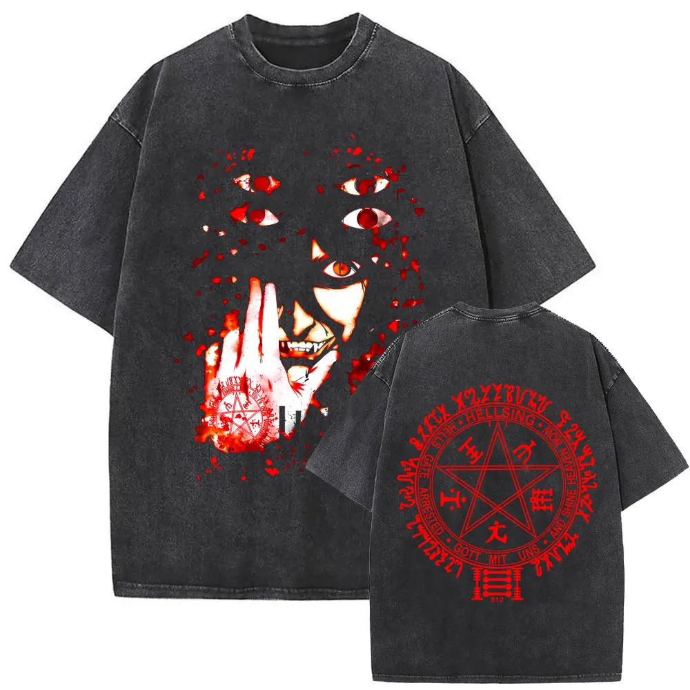 Washed Vintage Anime Hellsing Abraham Van Helsing Vampire Alucard Face Graphic T-shirt Men's Manga Oversized T Shirts Streetwear