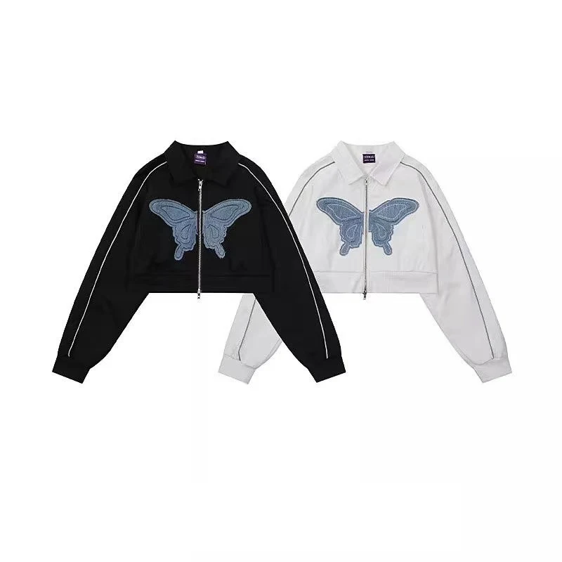 Y2k White Jackets For Women Cropped Tops Butterfly Long Sleeve Zipper Outwear Fashion Goth Streetwear Cardigan Jacke Woman