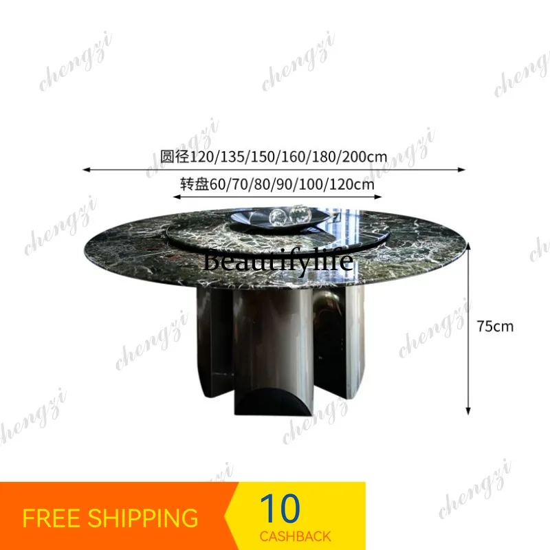 PP37 Natural marble round table Italian light luxury high-end with turntable round flower green luxury stone dining table