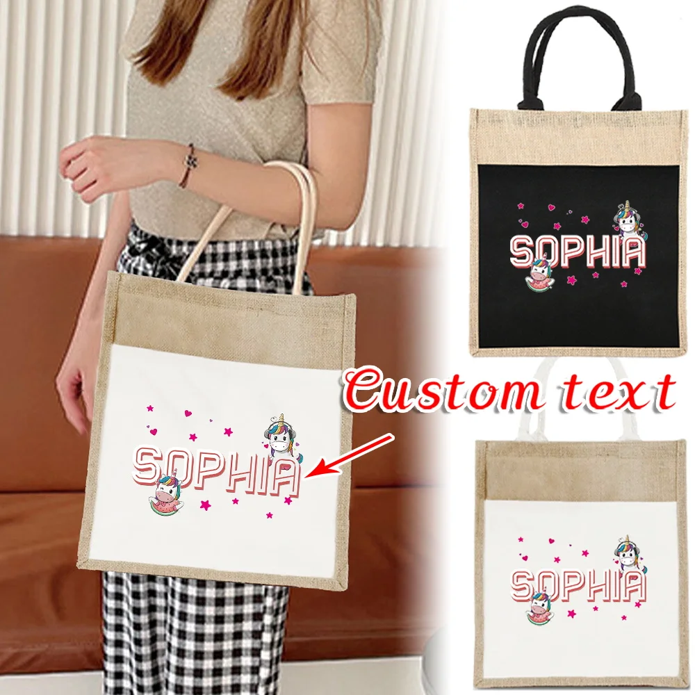 

Personalized Customization Name Shopping Bag Cotton and Linen Handbag Summer Travel Beach Shoulder Bag Portable Storage Bag