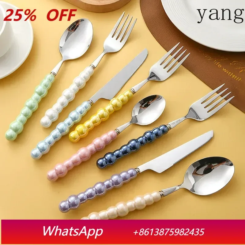 4Pcs Luxury Dinnerware Set Ceramic Pearl Handle Stainless Steel Spoon and Fork Set Western Silver Cutlery High-looking Tableware