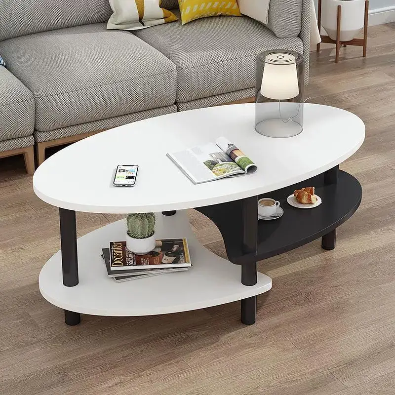 Mesa de centro ovalada de 3 anillos, mesa moderna con patas antideslizantes, superficie de MDF, estructura metálica, para sala de estar, escritorio, hotel, negro y blanco