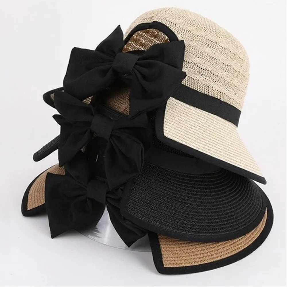 Fashion Breathable Straw Hat Bow-tied Ponytail Hole Sun Hat Solid Color Wide Brim Summer Hat Women