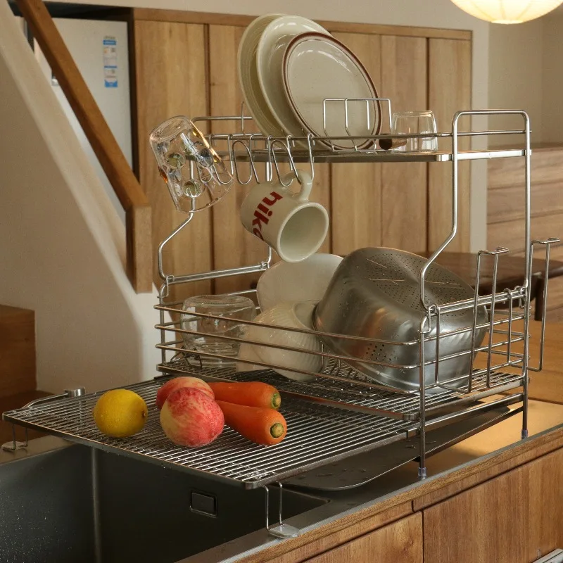 

2-Tier Stainless Steel Dish Drainer Rack Expandable Sink Side Drying Basket Kitchen Utensil Holder Space Saving Cup Organizer