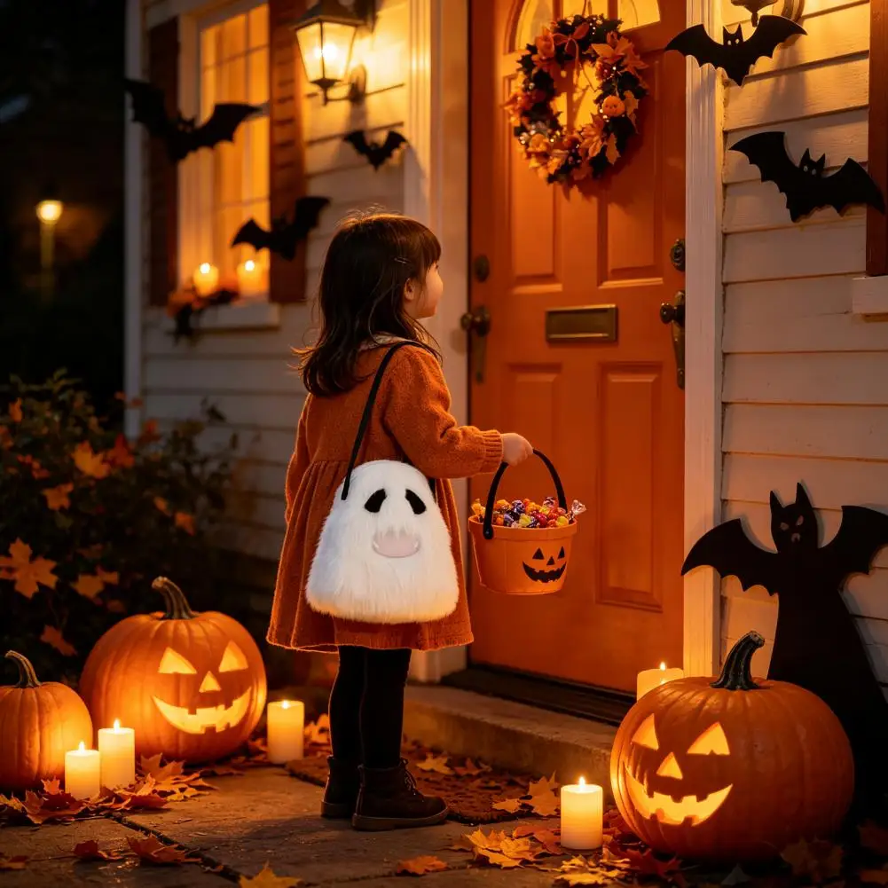 Ghost Shaped Festival Purse Halloween Ghost Plush Crossbody Bag Cute Spooky Shoulder Pouch Fluffy Mini Bag for Party Costume Use