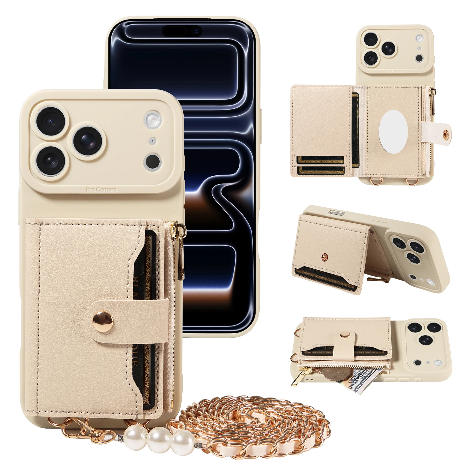 Leder-Handyhülle für iPhone 17 16 15 14 13 12 11 Pro Max Plus Mini mit Spiegel und Perlenbesetztem Riemen, stoßfeste Schutzhülle