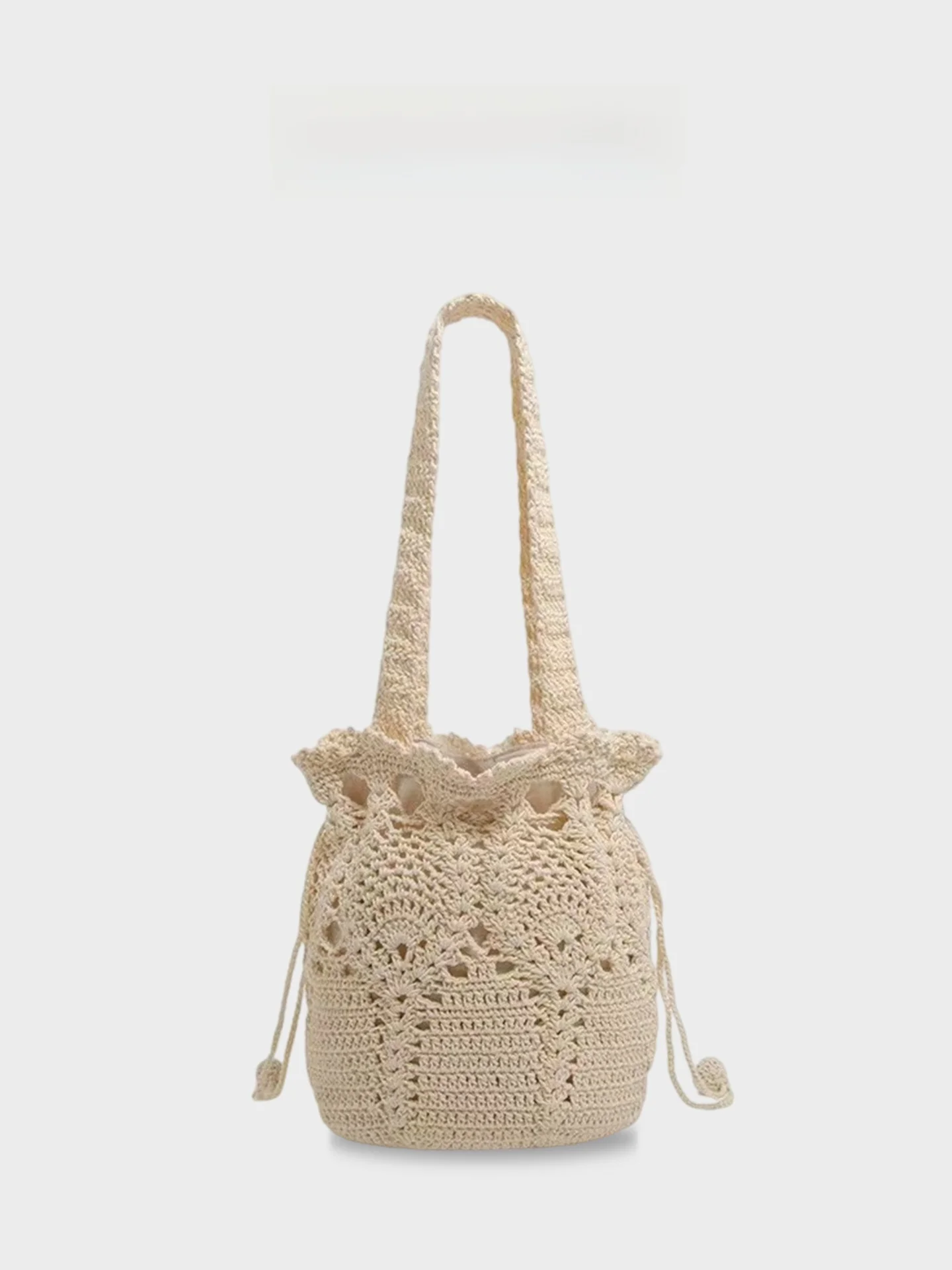 

Vacation Knitted Bucket Bag Hollow out Handmade Tote Shoulder Bag for Ladies Large Size Soft Fabric Pure Color Daily Use