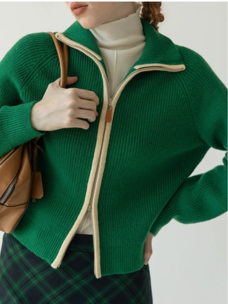 

American college style lapel zipper knitted women's cardigan sweater autumn and winter spicy girl loose casual women's top