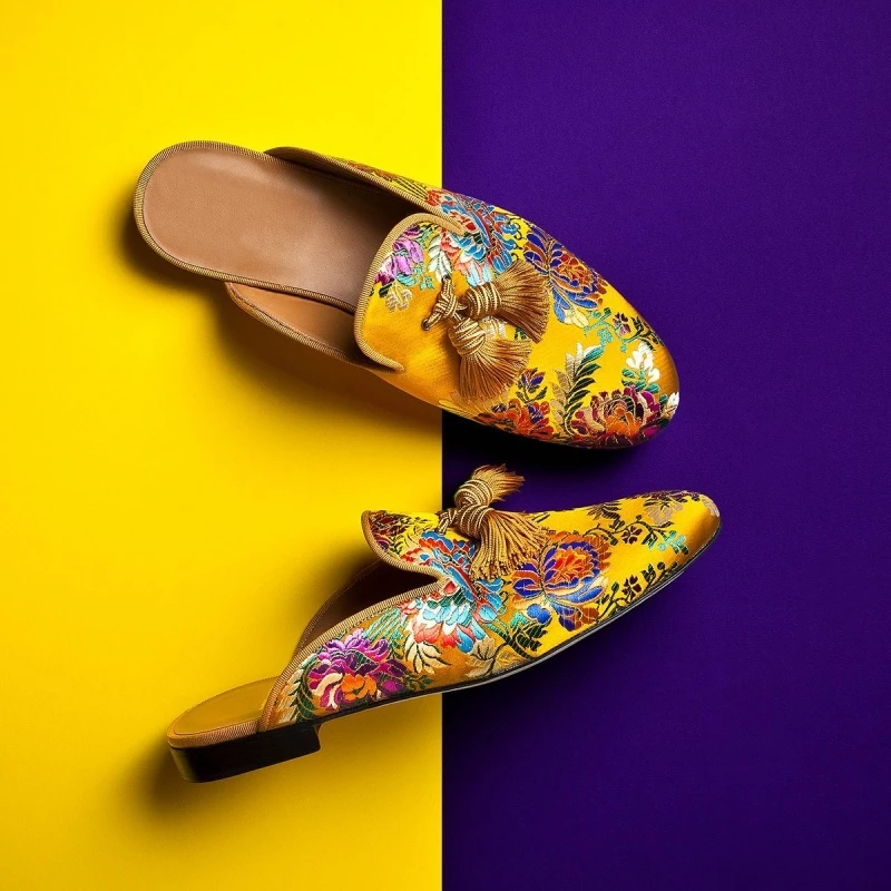 Neue Slipper für Männer gelbe Blumen quasten runde Zehen Männer Kleid Schuhe Party Männer Schuhe Größe 38-48