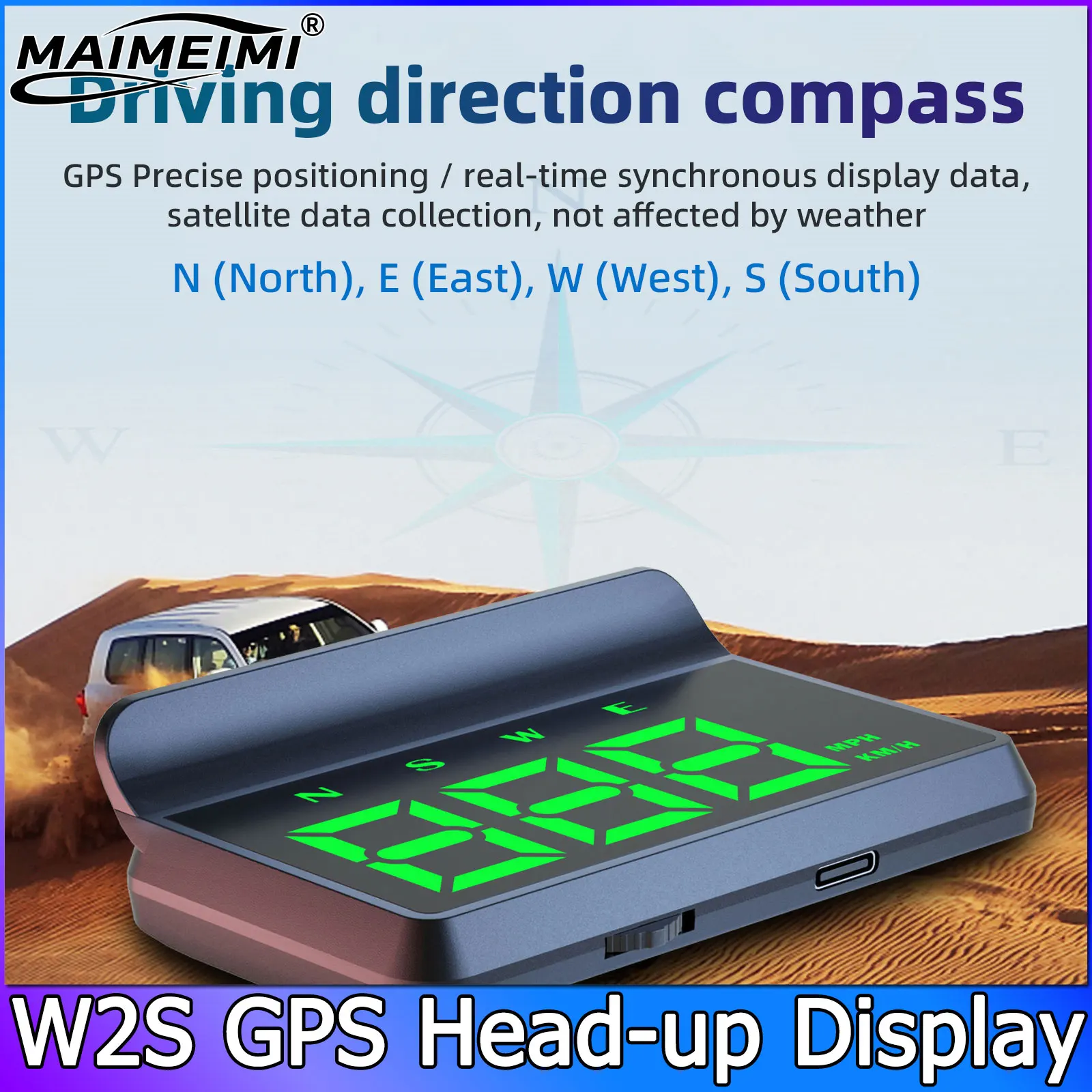 

Универсальный автомобильный HUD-дисплей W2 с GPS, спидометр (KMH), проектор на лобовое стекло, кабель USB Type-C, двойной интерфейс, Plug and Play