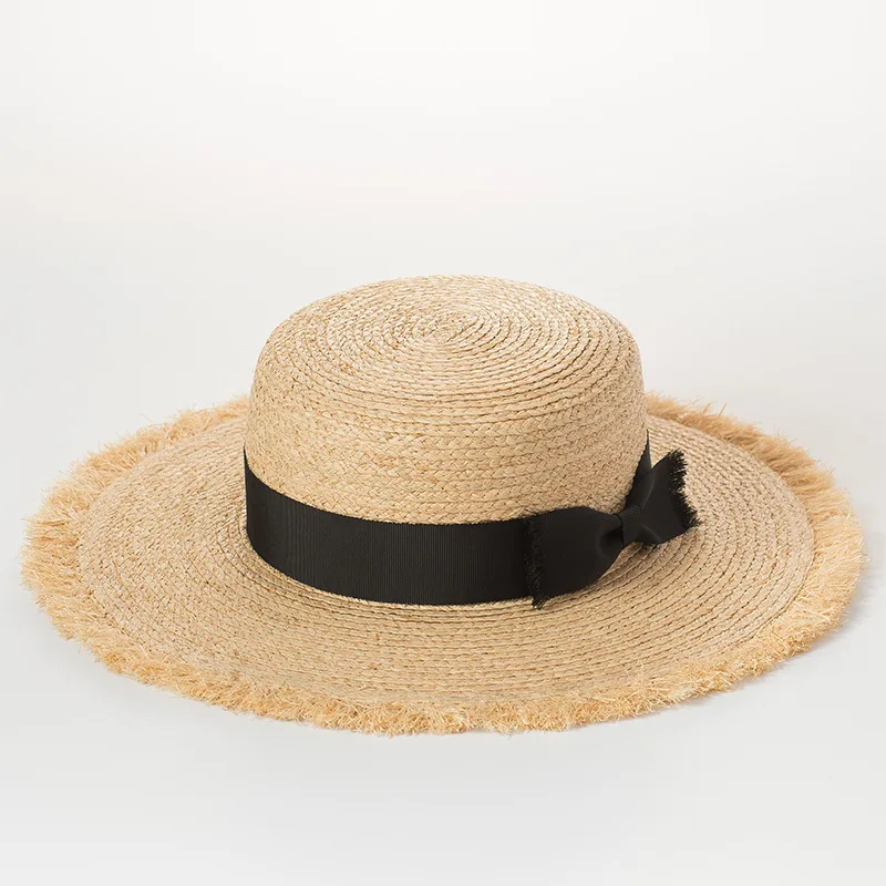 

X401 Bow Raw Edge Lafite Flat-top Hat Travel Sunscreen Beach Raffia Straw Hat Summer Sun Caps Handmade Arrival Raffia Straw Hat