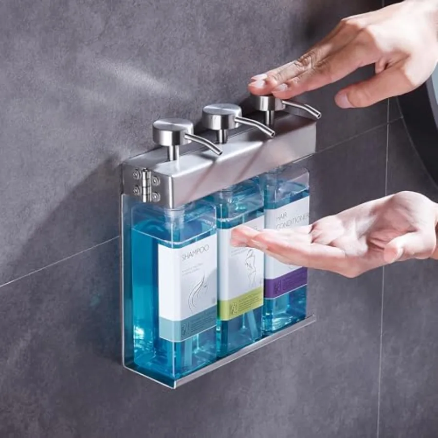 

Настенный дозатор для шампуня, кондиционера и мыла из нержавеющей стали, 3 многоразовых флакона с помпой для ванной комнаты