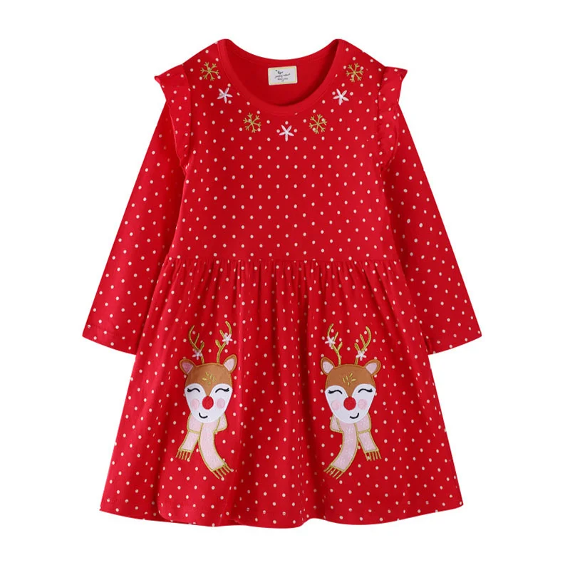 

Jumping Meters 2-7T Christmas Deer Red Girls Dresses Party Kids Girls Costume Autumn Winter Toddler Clothing Long Sleeve Frocks