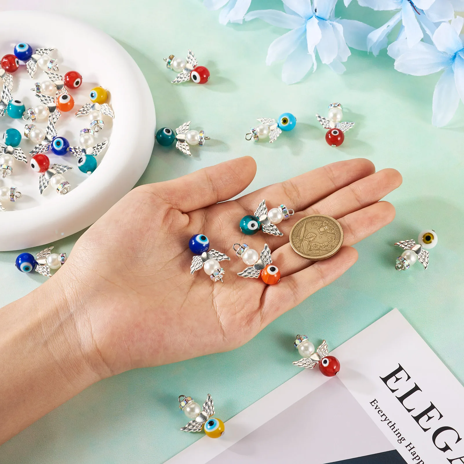 42pcs Fairy Angel Wings Charms Evil Eye Lampwork Pendants for Jewelry Making Necklace Bracelet Earrings Accessories DIY Craft