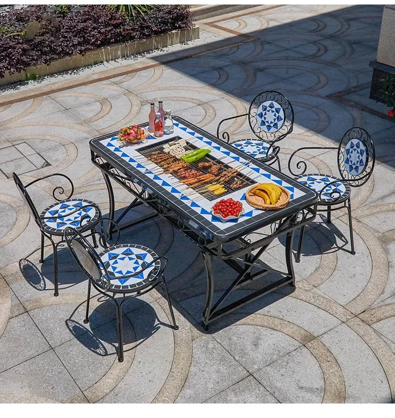 Outdoor Courtyard Terrace Garden Metal Barbecue Table And Chairs Family Activity Mosaic Dinner Table And Chair Combination