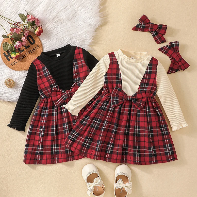 Blotona Baby Girl Christmas Dress, Plaid Print Long Sleeve Crew Neck Fake Two Piece Patchwork A-Line Dress +Hairband, 6M-3Y