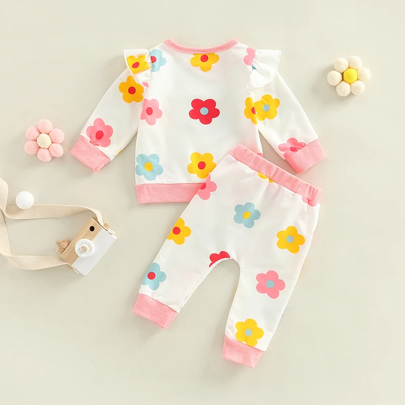 Adorabile set di vestiti per neonata in 2 pezzi con stampa floreale con volant a maniche lunghe, pantaloni comodi, completo per neonati 0-24