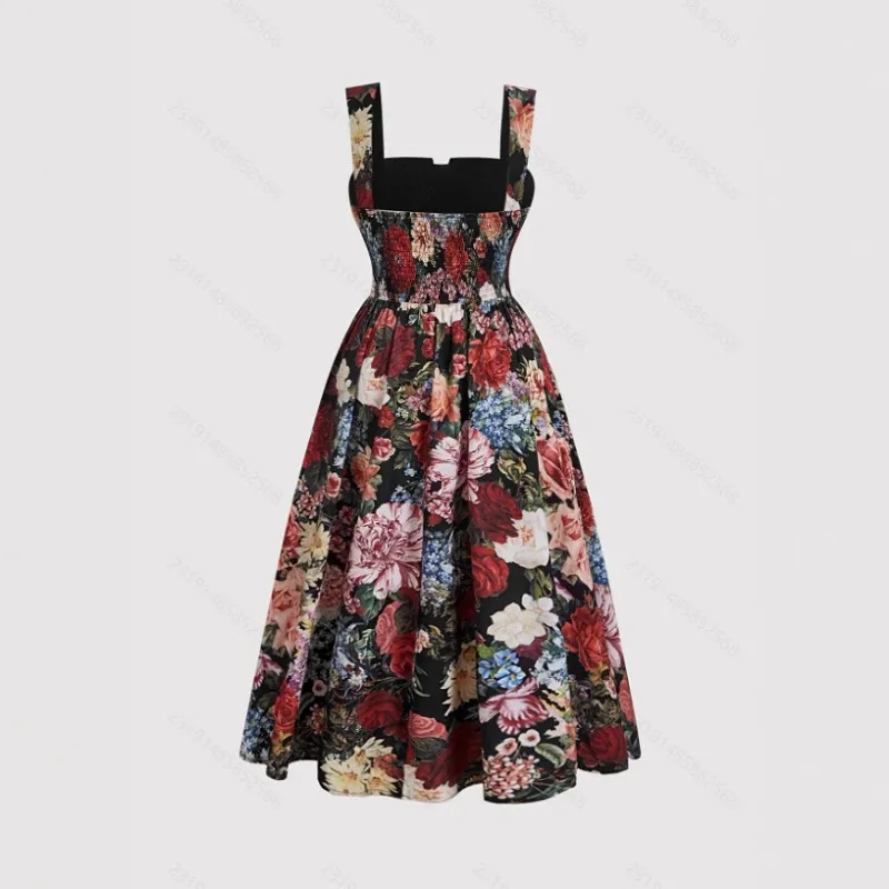 Women Floral Print Strap Dress Elastic Ruched Sexy Hollow Backless Party Dress Summer Boho Vacation Beach Sundress Y2k Платье