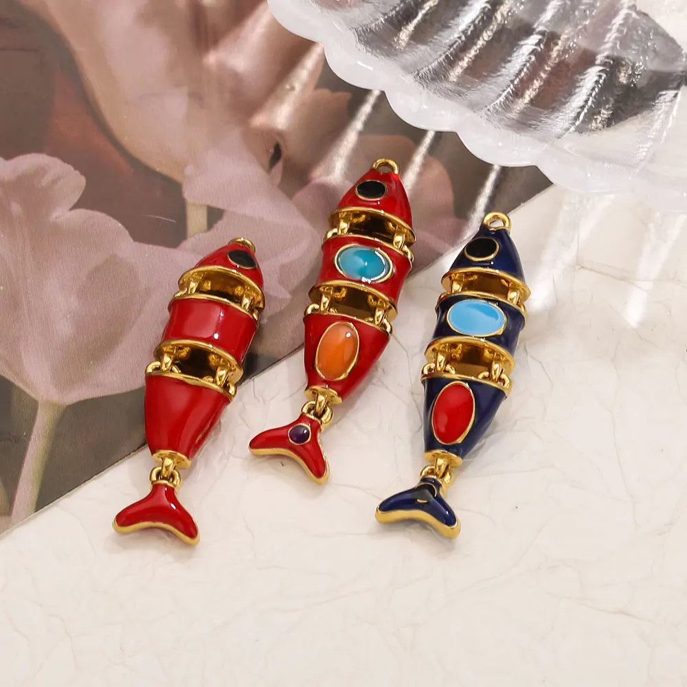 1pcs Stainless Steel Red Blue Enamel Animal Fish Charm 18K Gold Plated for DIY Necklace Earring Jewelry Making Supplies Findings