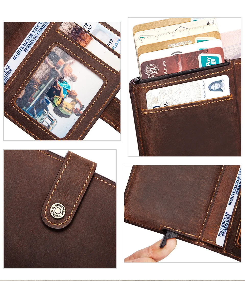 HUMERPAUL Crazy Horse Leder Herren-Geldbörse mit RFID-blockierendem Kartenhalter, Mini-Pop-Up-Geldbörsen aus Metall, Münzfach mit Reißverschluss für Herren – Detail 16