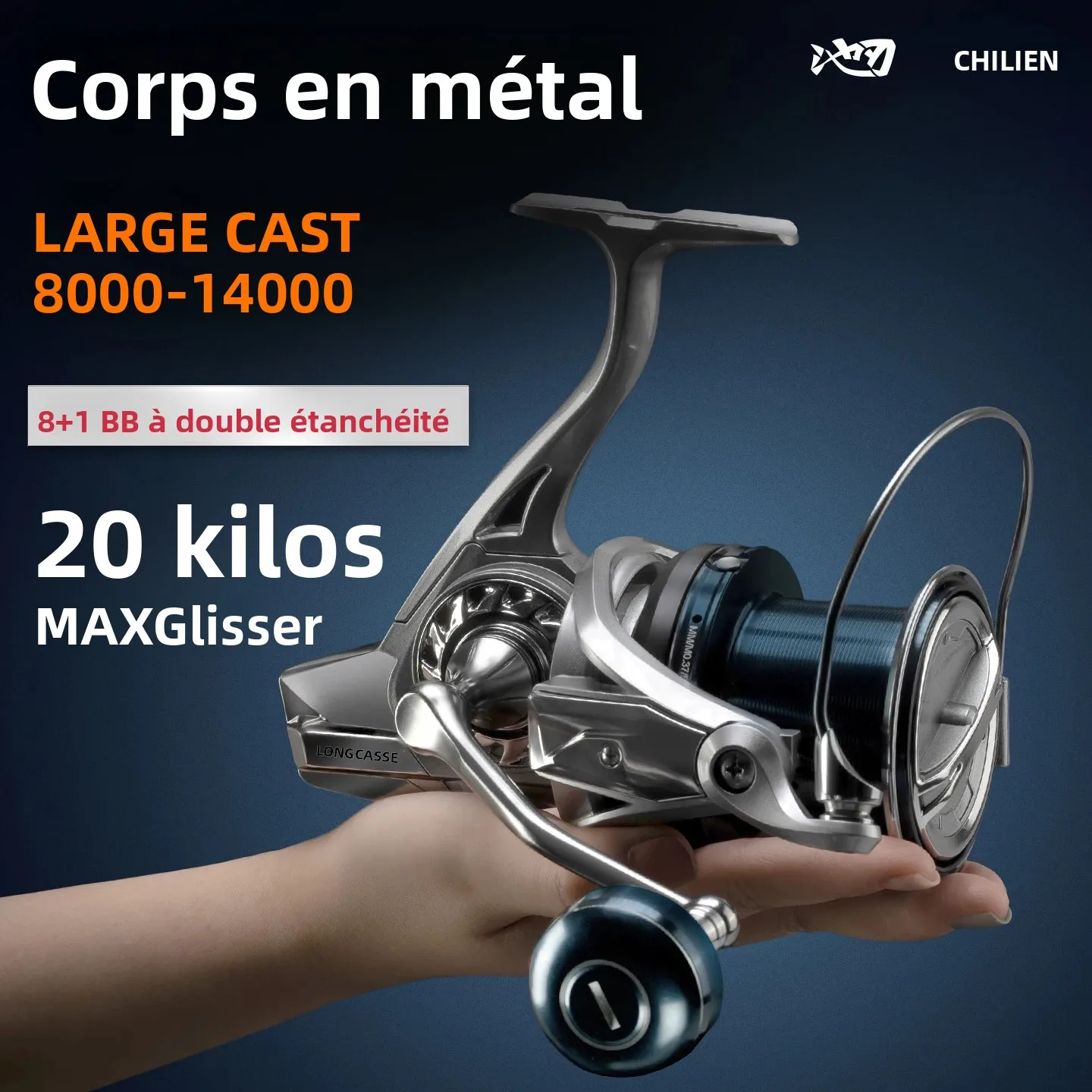 CHILENT LONGCAST 8000-14000 8 + 1 moulinet de pêche BB Double scellé 20KG traînée Max moulinet de pêche corps en métal pose de ligne uniforme