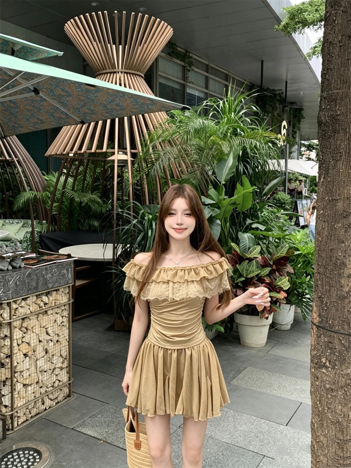 

Sweet Lace Splice One Shoulder T-Shirt And Skirt Two Piece Set for Women Summer Fashion Outfit Casual Commute Style