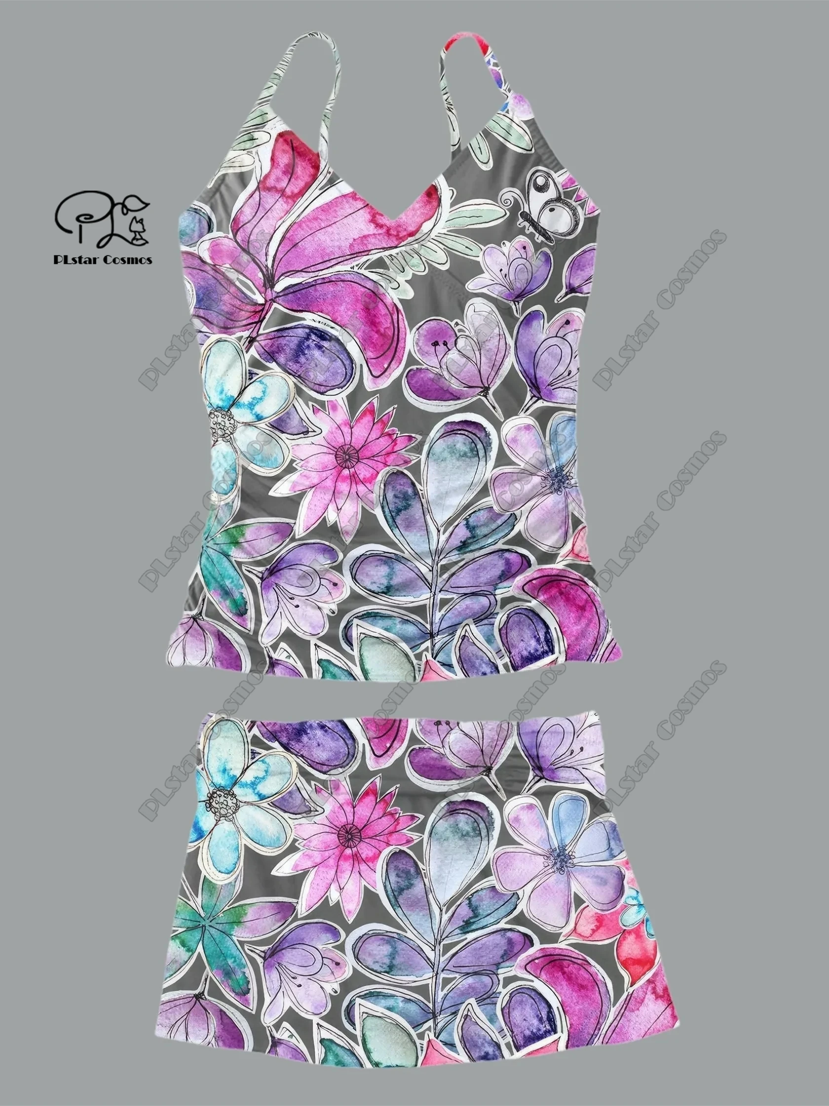Maillot de bain deux pièces pour femmes, col en v, petit imprimé floral frais, jupe à bretelles, vacances, voyage, nouveau maillot de bain, été, Q-19