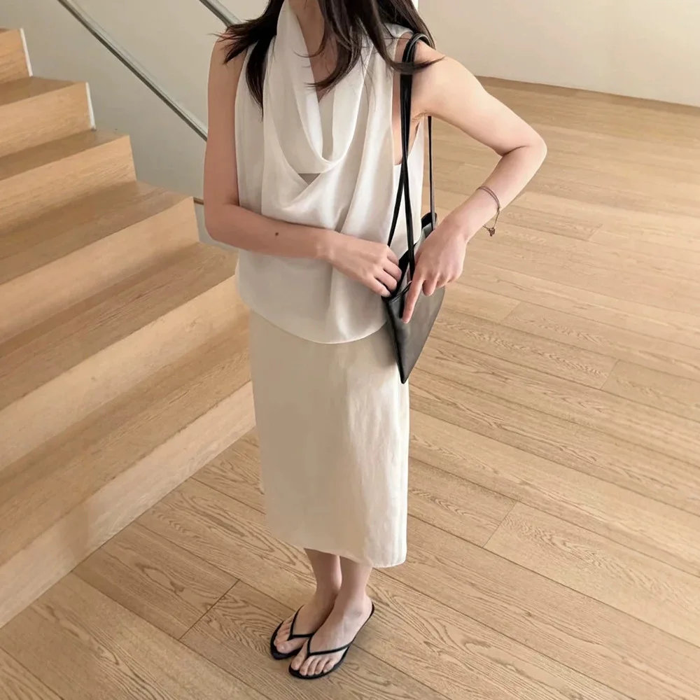 Summer Women's Sleeveless Vest Hanging Collar Pleated Draped Inner  Slimming  Color Knitted Top Korean Style