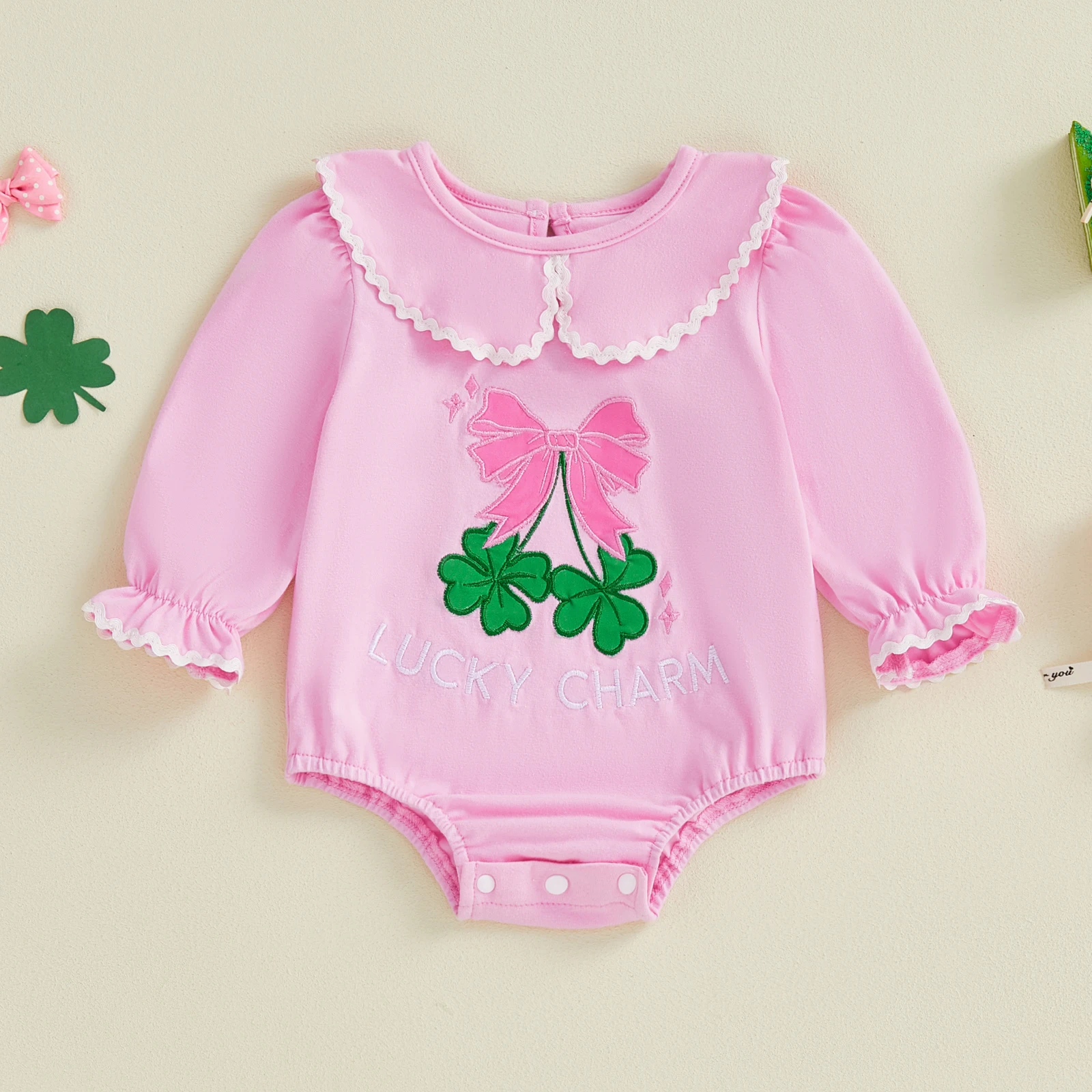 Infant Baby Girl Rompers Puff Long Sleeve Doll Collar Bow Clover Embroidery Bubble Jumpsuit