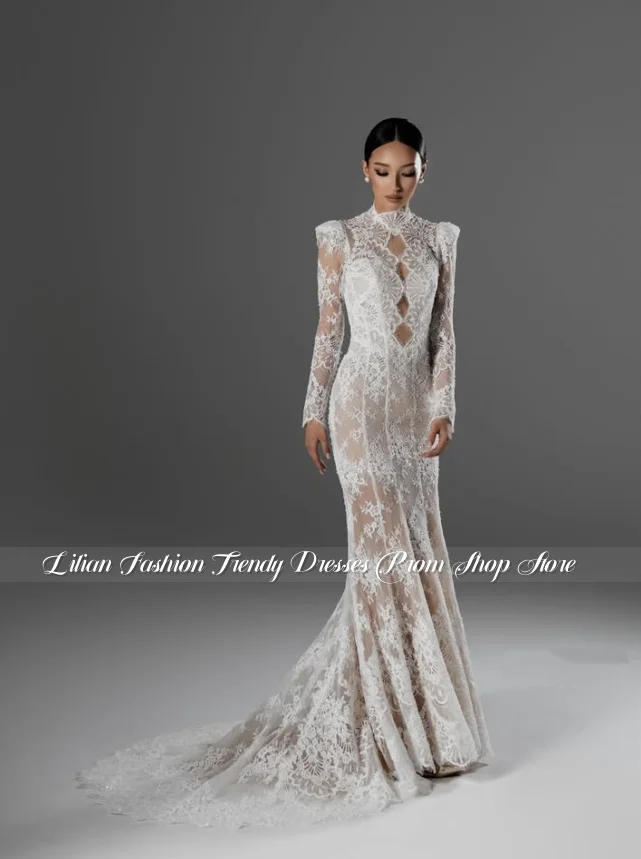Customized Lace V-Neck Long-Sleeve Mermaid Wedding Dress Detachable Train Formal Occasions Bridal Gown Evening Gown Engagement