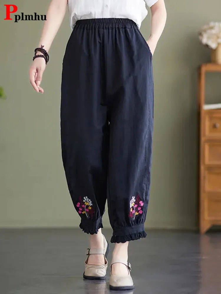 

Embroidery Baggy Mom Harem Pants Women Casual High Waist Oversize 4xl Loose Pantalones Korean Cotton Linen Ankle Length Spodnie