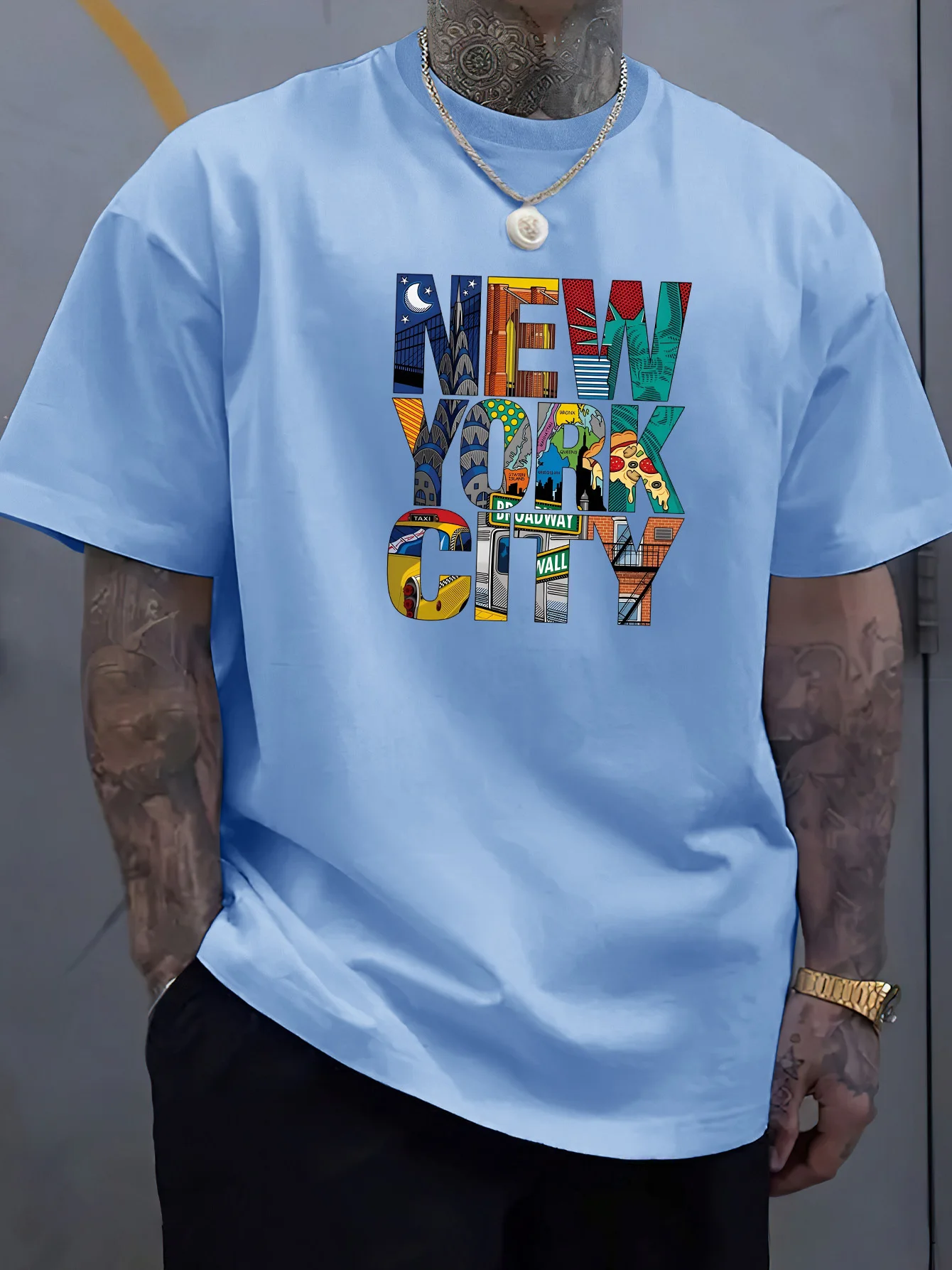 Summer men's 100% cotton comfortable casual loose plus size NEW YORK CITY printed sports round neck short sleeved T-shirt top image 2