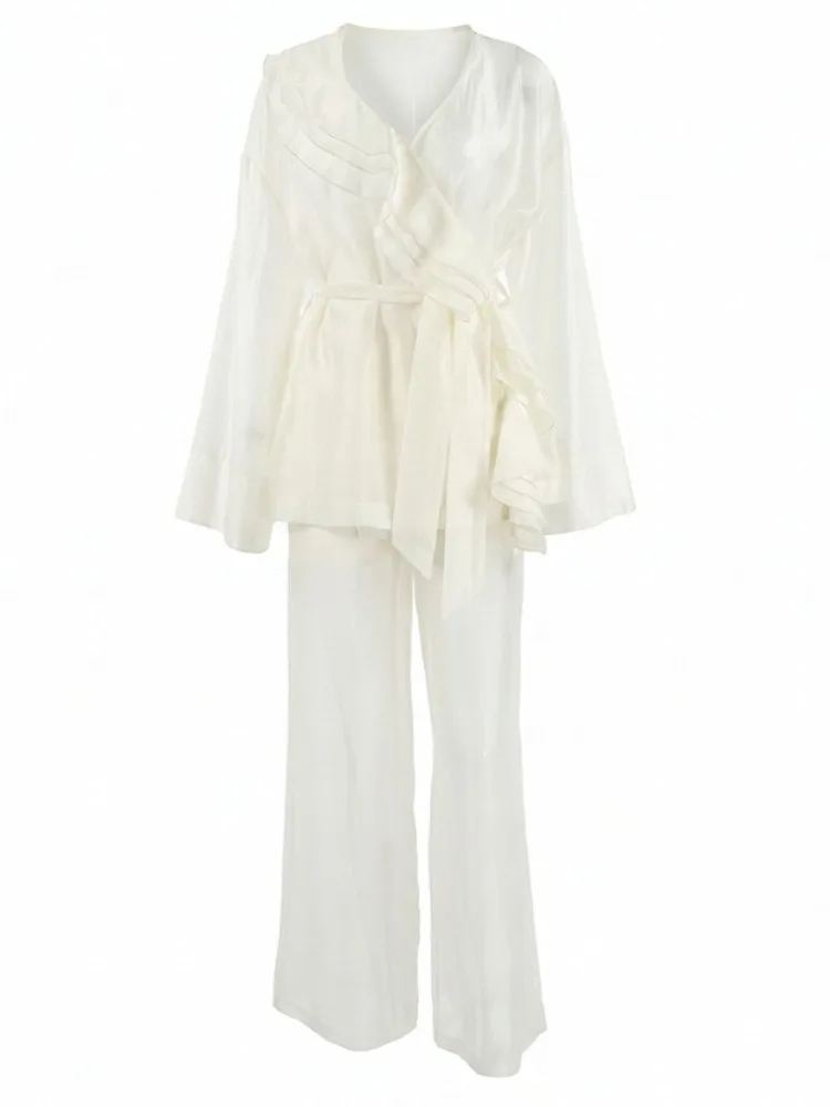 LIinar Vacation-Style Tencel Set Fall 2026 Women V-Neck Ruffled Top Tie-Waist Wide-Leg Pants Loose-Fitting Casual Two-Piece Set
