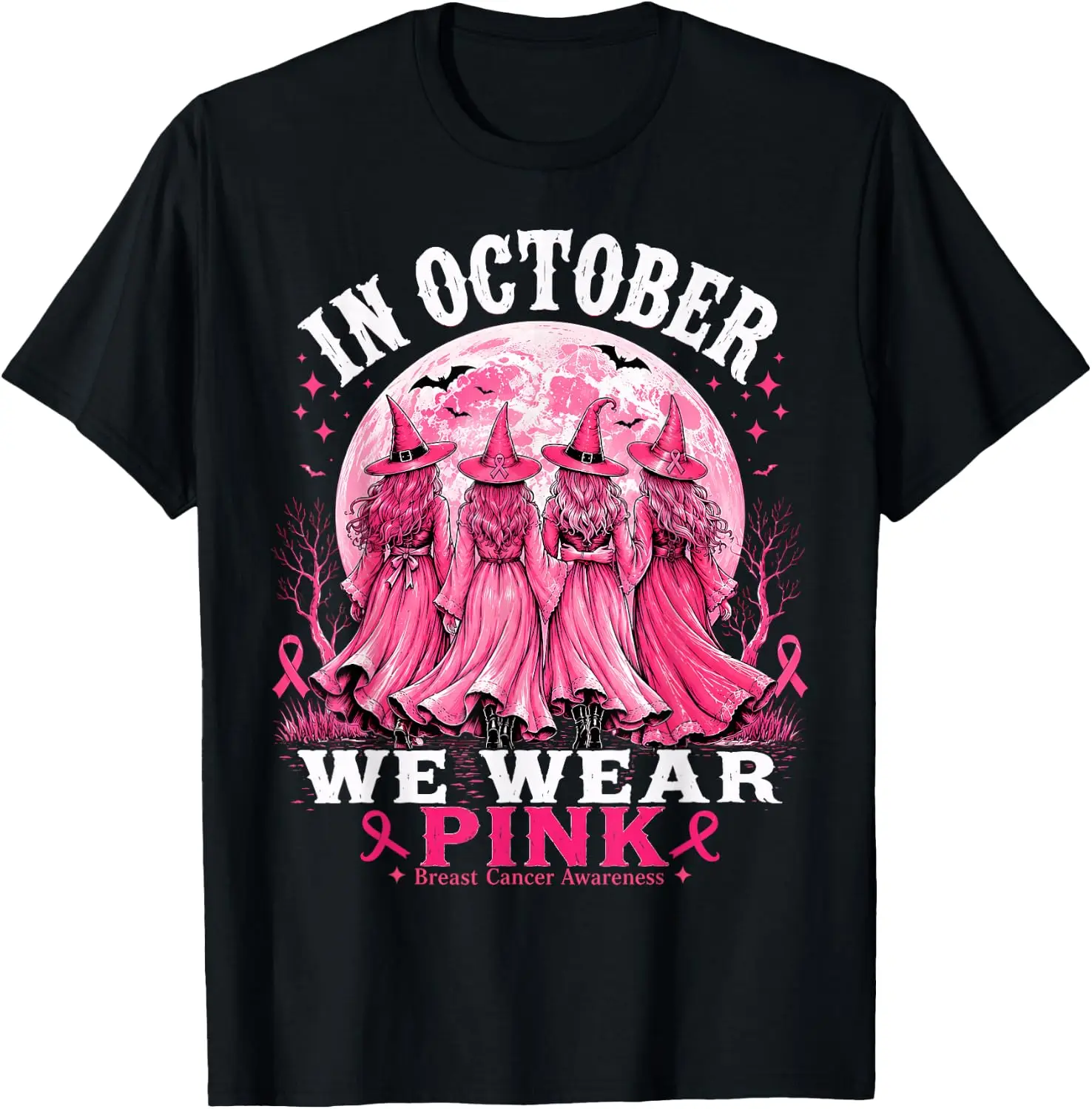 In October We Wear Pink Halloween Breast Cancer Awareness T-Shirt Versatile, heavyweight pure cotton short-sleeve tee—trendy, thick fabric; a great gift for Christmas or Halloween.