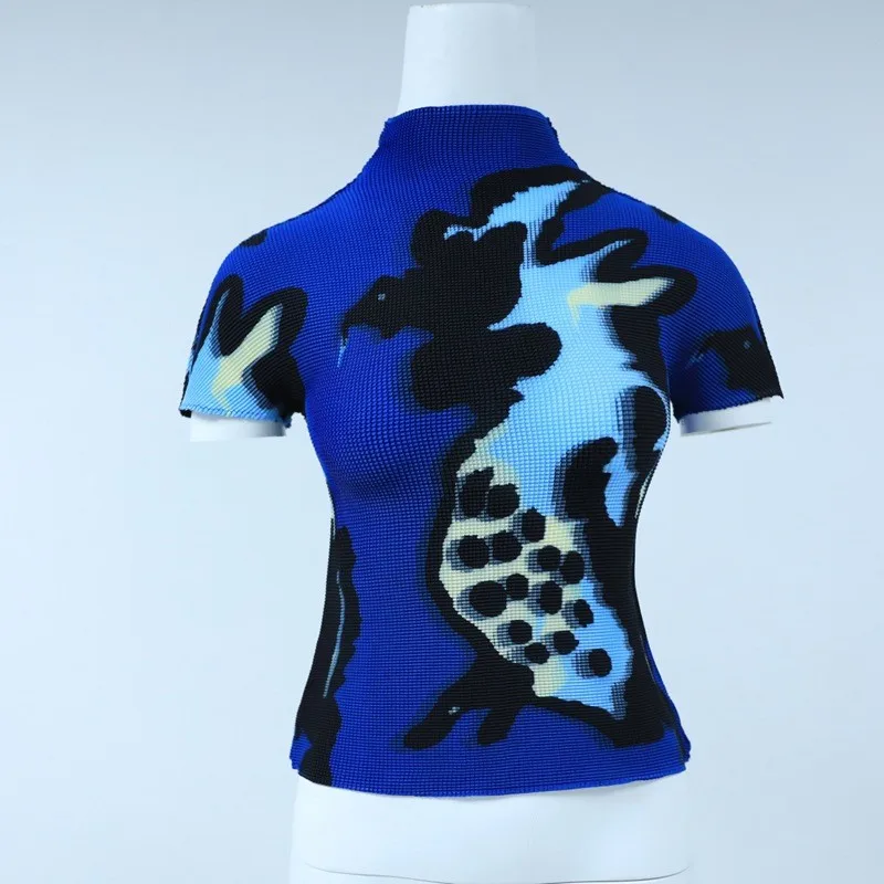 

Women's ort Sve High Collar Slim Fit Printed T-irt Spring Summer New Sle Folded Hemline Faionable Busin Casual