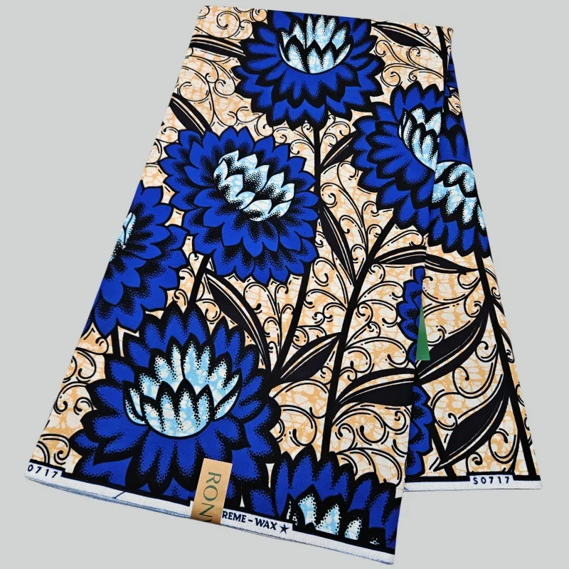 

6Yards Long Blue Floral Printed Cotton African Style Wax Fabric for DIY Sewing Dress Sofa Curtain Tablecloth 120CM Wide R2742