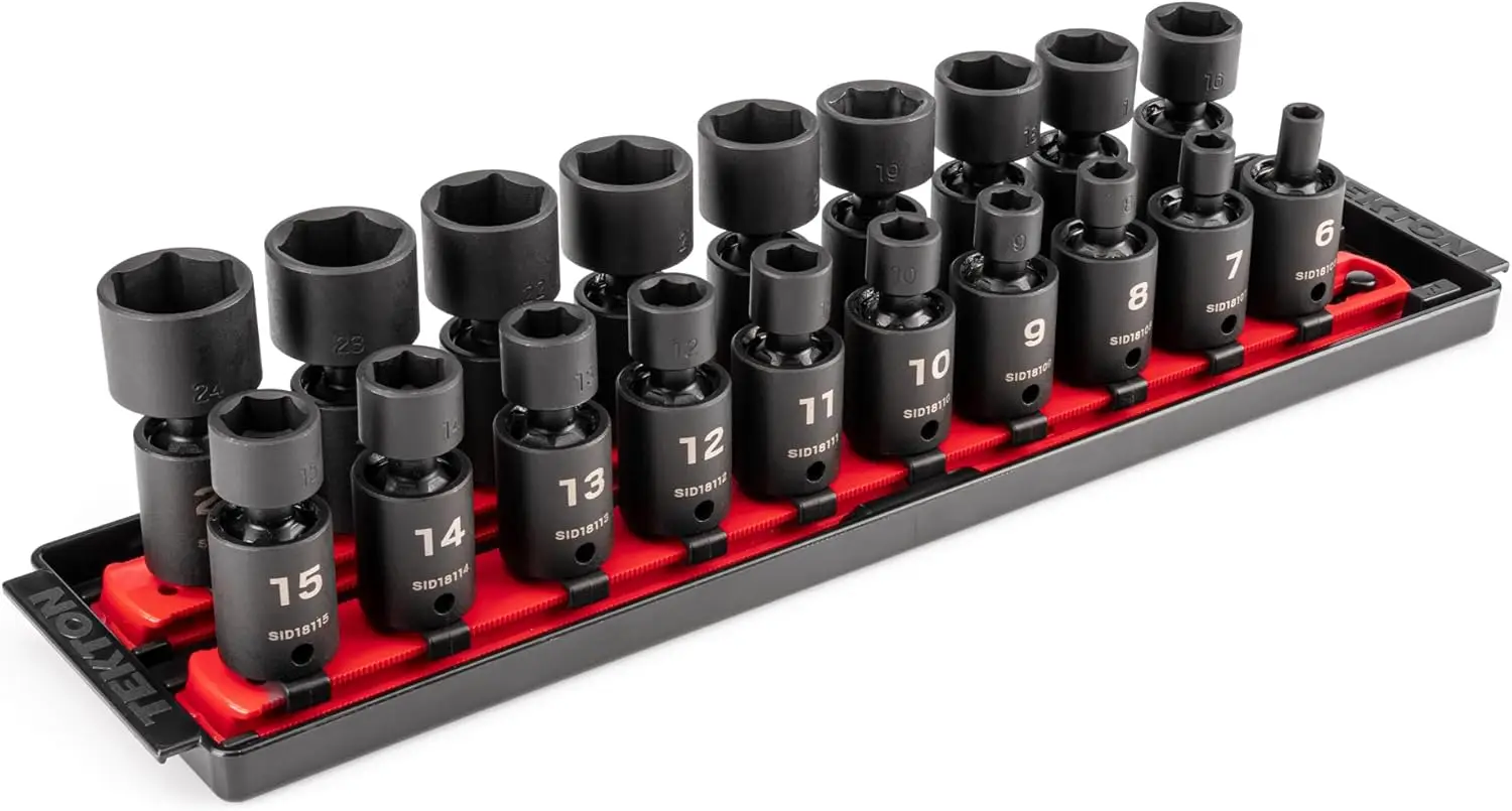 3/8 Inch Drive 6-Point Universal Joint Impact Socket Set With Rails, 19-Piece (6-24 Mm) | Sid97103